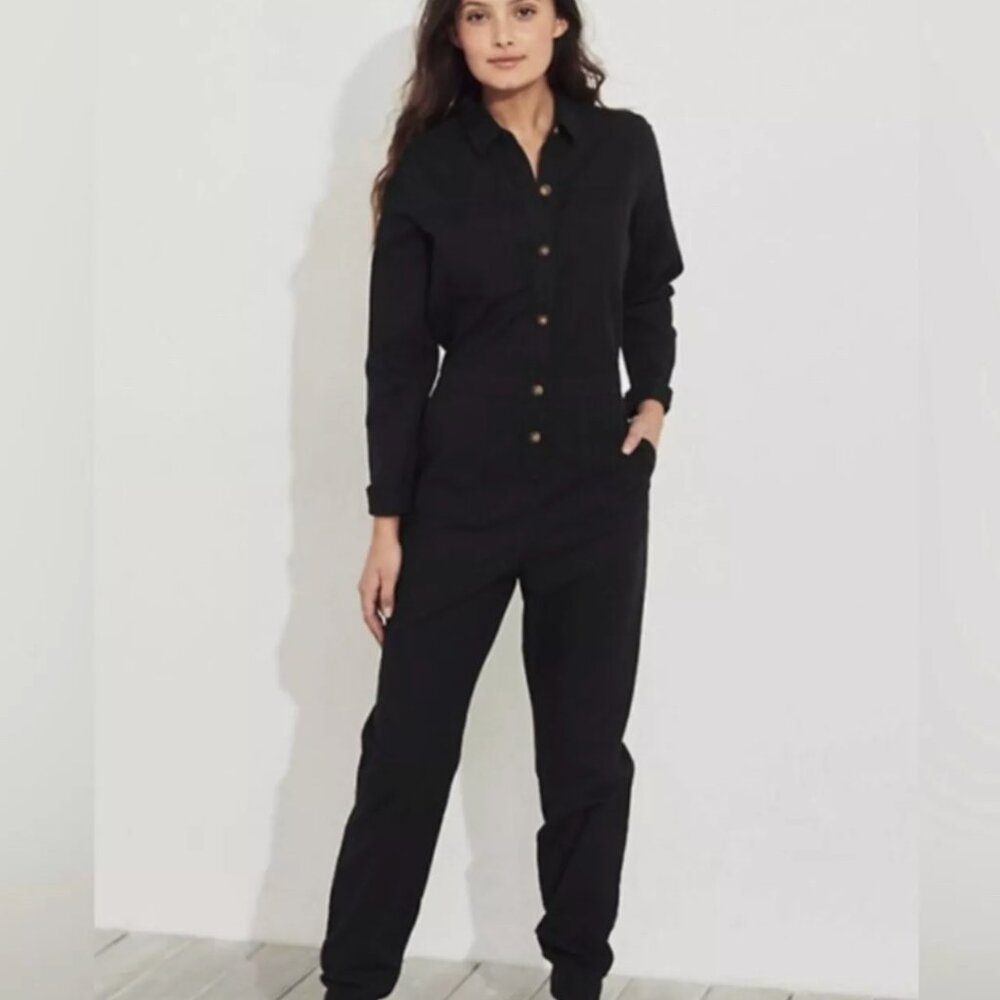 Hollister Green Collared Button Up Long Sleeve Utility Jumpsuit Size Small